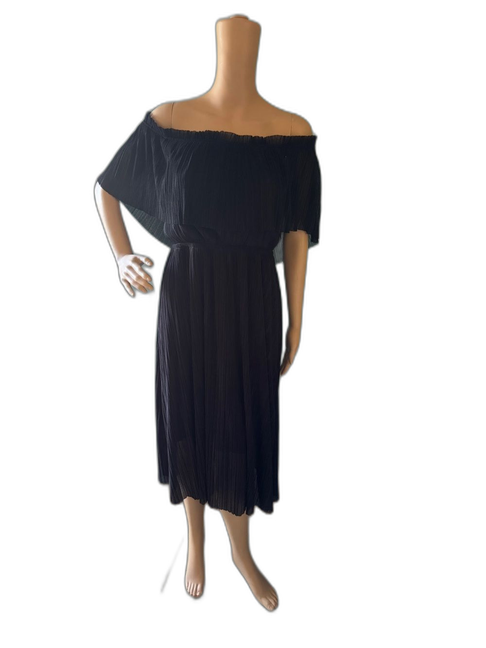 Express Black Off Shoulder Pleated Midi Dress | Medium